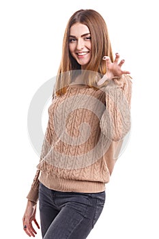 Girl shows nails as a cat on a white background