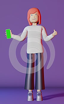 Girl shows thumb up holds mobile phone purple background 3d rendering. Smartphone screen app mockup Blank gadget display