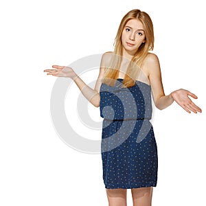 Girl shrugging helpless with her shoulders