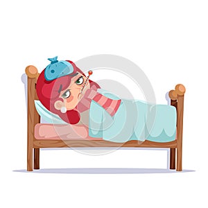 Girl sick lying in bed ill cold flu disease illness virus cartoon male character design vector illustration