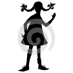 Girl silhouette. Black contour isolated on white background. Pigtails hairstyle, short dress, big shoes. Literature cartoon