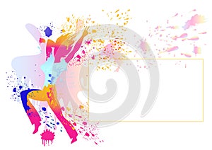 Girl silhouette with colorful splats on white photo