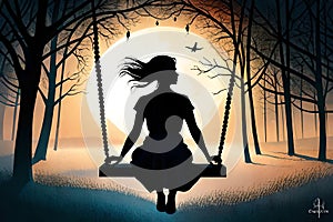 A girl in silhouette enjoying the sunset in swing