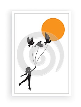 Girl silhouette flying with birds to the moon, vector, poster design isolated on white background, wall artwork photo