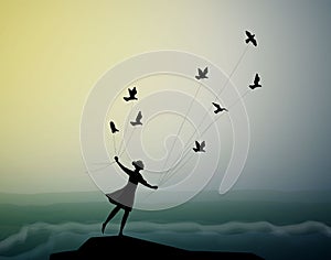 Girl silhouette is flying and holding pigeons above the storm waves, marine storm landscape, fly in the dream, shadows,