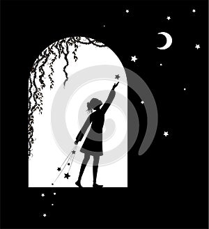 Girl silhouette puts stars and moon