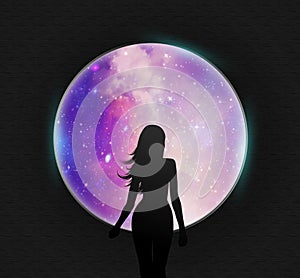 Girl silhouette at round window, space scene outside, meditationws