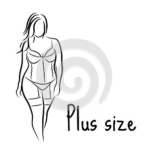 Girl silhouette sketch plus size model. Curvy woman symbol. Vector illustration