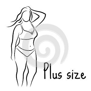 Girl silhouette sketch plus size model. Curvy woman symbol. Vector illustration