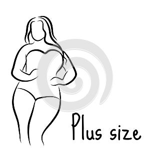 Girl silhouette sketch plus size model. Curvy woman symbol. Vector illustration