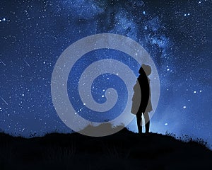 Girl silhouette standing under star-filled sky cosmos Milky Way stars galaxy illustration