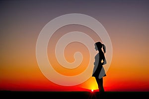 Girl silhouette in sunset. Generative Ai