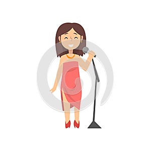 Girl Singer Character Singing with Microphone, Kid Dreaming of Future Profession Vector Illustration