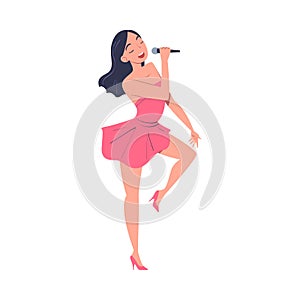 Girl singer performing with microphone. Beautiful brunette woman in short dress singing song and dancing cartoon vector