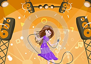 Girl singing, funny and enjoy with music and melody, people cartoon character, flat design style vector