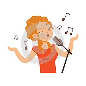 Girl singing with microphone, singer character cartoon vector Illustration