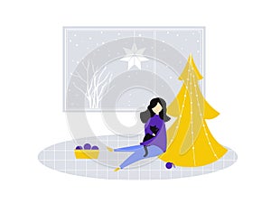 Girl sit and hold a cat near partly decorated Christmas tree. Flat illustration of room with big window, funny cozy