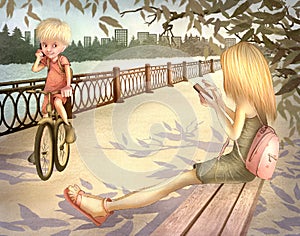 A girl sits on a bench, a boy rides a bicycle