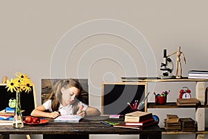 Girl sits at desk with books, flowers, fruit and blackboard