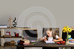 Girl sits at desk with books, flowers, fruit and blackboard
