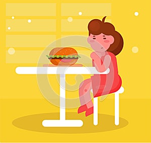 Girl sits and looks at the Burger Vector. Cartoon. Isolated art No appetite