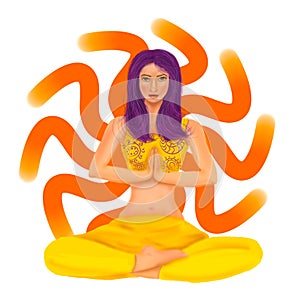 The girl sits in a Lotus position and meditates