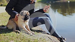 The girl sits in the park with a pug dog, strokes the pug near the lake, uses the phone, watches the news, communicates