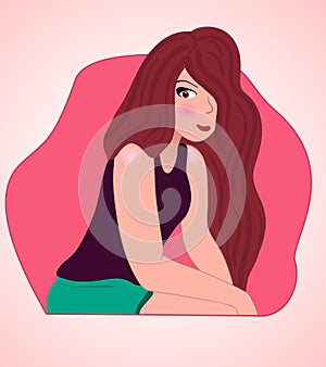 Girl sits on the pink blackground