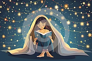 A girl sits under a blanket and reads a book, background with stars and lights, cartoon style