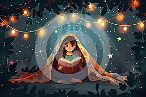 A girl sits under a blanket and reads a book, background with stars and lights, cartoon style