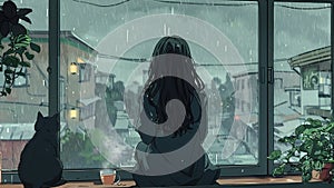 A girl sits on the windowsill with a cat, drinks tea, and looks at the rain.