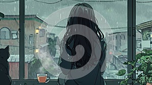 A girl sits on the windowsill with a cat, drinks tea, and looks at the rain.