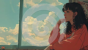 A girl sits on a windowsill looking out at the sky