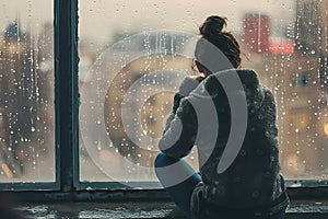 Girl sitting alone in a rain-soaked window