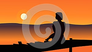 Girl sitting on beach with sunset vector illustration