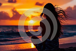 A girl sitting on a beach, watching the sunset, with her hair blowing in the wind