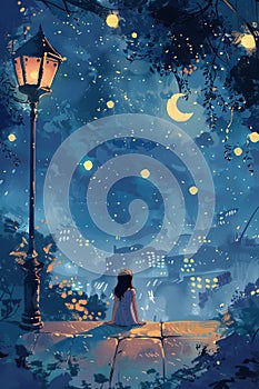 Girl Sitting on Bench Looking at Night Sky