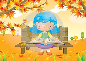 girl sitting on bench and reading a book. Vector illustration decorative design