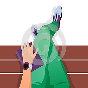 Girl sitting on bench vector illustration of university. Legs top view on white background for back to school design