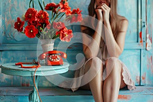 girl is sitting on a blue table with a red old retro phone and red flowers in a vase