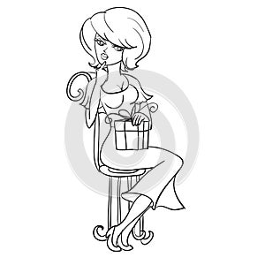Girl sitting on a chair and thoughtfully holds on his knees a box tied with a bow, gift, outline drawing, isolated