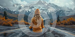 Girl sitting on an empty road looking at the snow capped mountains