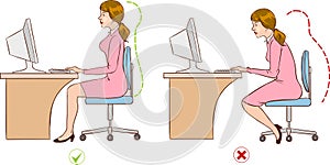 Girl sitting at an ergonomically correct computer station. photo