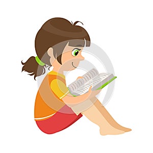 Girl Sitting On The Floor Reading A Book, Part Of Kids Loving To Read Vector Illustrations Series