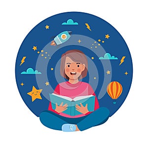 Girl sitting on the floor and reading book. Planet, rocket, star, cloud, aerostat. Education concept for kids. Knowledge,