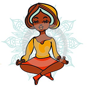 The girl is sitting on the floor. A young woman relaxes, does yoga against the background of a drawing of a mandala.cute