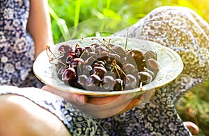 Girl is sitting on the grass in blue vintage dress. Woman is holding cherries. Rustic summer fruit flat lay. Healthy vegetarian