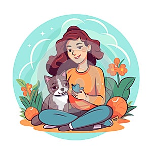 A girl sitting on the ground plays with cat. Care and education of pets. Cartoon vector illustration