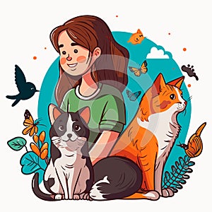 A girl sitting on the ground plays with cat. Care and education of pets. Cartoon vector illustration