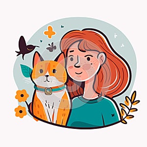 A girl sitting on the ground plays with cat. Care and education of pets. Cartoon vector illustration